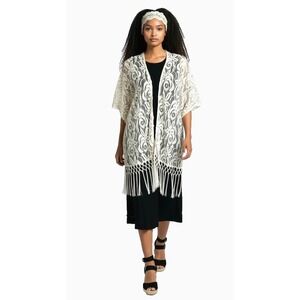VTG Estam Women's Fringed Lace Top Cover-Up Kimono M Ivory Boho Hippie Rodeo USA